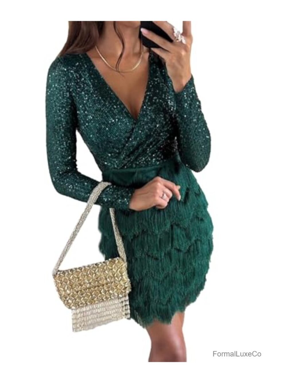 Women's Sequin Fringe Wrap V Neck Long Sleeve Mini Party Dress